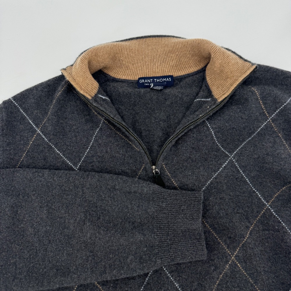 Grant Thomas Mens Gray Argyle 100% Cashmere 1/4 Zip Sweater Size Small